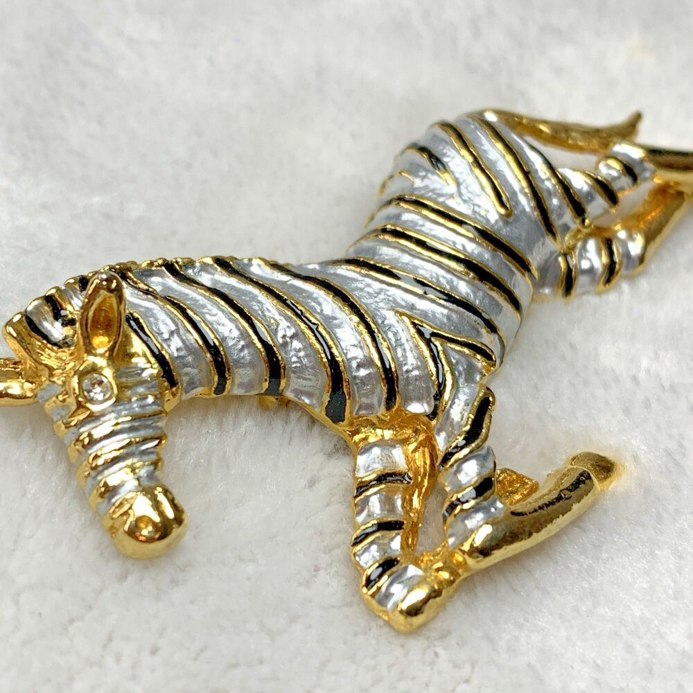 Vintage Zebra Brooch Gold Tone Black White Enamel Animal Pin 3”